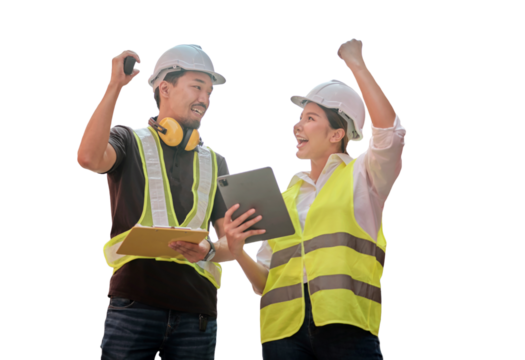 Two Asian engineer raise their hands up cheering for their victory, mission complete , smile on transparent background