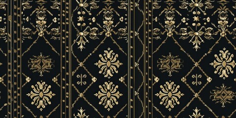 A black and gold carpet with a floral design