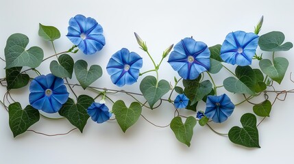 A detailed illustration of a morning glory vine, with its delicate blue flowers and heart-shaped leaves climbing across the frame, set against a simple white background.