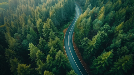 A winding road through a forest with trees on both sides. The road is surrounded by a lush green forest, and the trees are tall and dense. Concept of tranquility and serenity