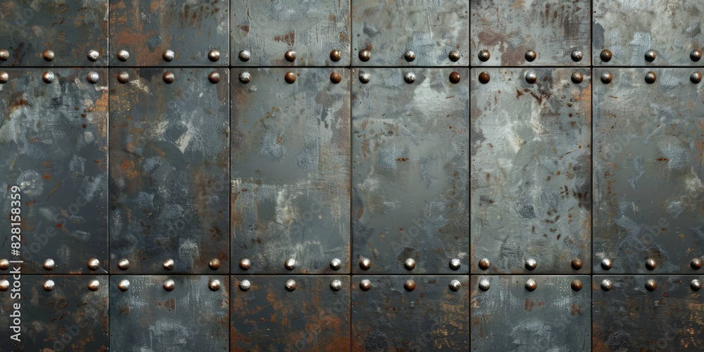 Wall mural weathered metal door with extensive rust and screws, adding a rugged and industrial charm to its app