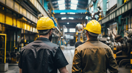 Two men wearing hard hats walk through a factory. Scene is serious and focused, as the men are likely discussing work-related matters