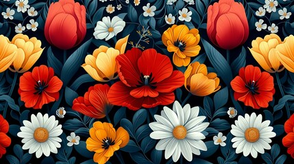 Fototapeta premium An abstract floral pattern with stylized tulips, roses, and daisies, their outlines filled with bold, contrasting colors and geometric shapes, creating a modern, artistic feel.