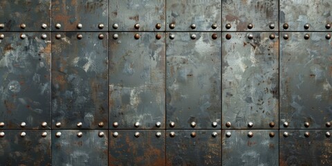 Weathered metal door with extensive rust and screws, adding a rugged and industrial charm to its appearance. Vintage architecture concept - Powered by Adobe