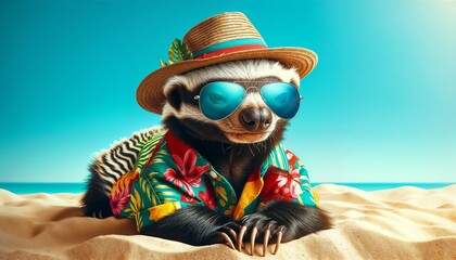 honey badger, animal, funny, summer, tropical, beach, sunglasses, hawaiian shirt, swagger, zoo, copy space, resort