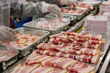 Obraz premium A fast-paced assembly line with workers and machines packaging sliced bacon into trays, adding labels, and sealing them for distribution