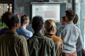 A group of diverse employees gathered in a conference room, listening attentively to a presentation on a projector screen