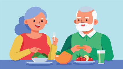 An elderly couple enjoying a healthy meal together complete with fresh vegetables and lean proteins.. Vector illustration