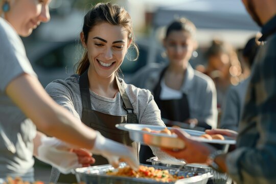 A volunteer handing out hot meals to people in need, a sense of purpose and pride evident in their body language