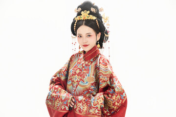 A woman wearing ancient Chinese clothing against a white background.