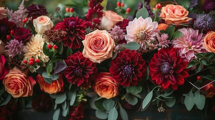 The wedding backdrop includes a rich tapestry of roses, dahlias, and chrysanthemums in deep reds and purples, with metallic geometric shapes adding a luxurious touch.