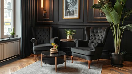 Armchairs and coffee table in classic black interior . Generative Ai