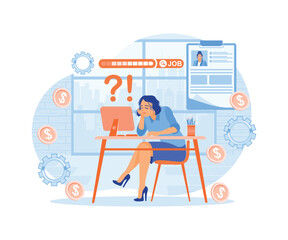 Young woman sitting in front of the computer. Looking for work online from home. Job Search concept. Flat vector illustration.