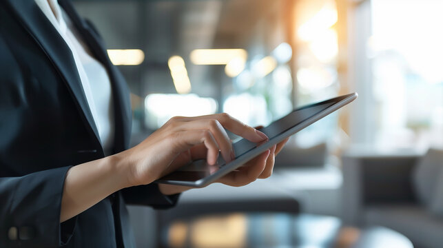 A woman wearing a black suit and white shirt is using a tablet. The tablet is in her hand and she is touching it. Concept of professionalism and productivity - Powered by Adobe