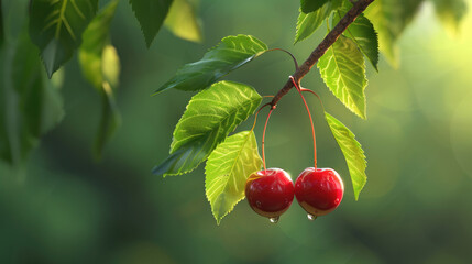 Ripe Cherry fruit hanging on a tree branch with soft green leaves on a beautiful green light bokeh background 