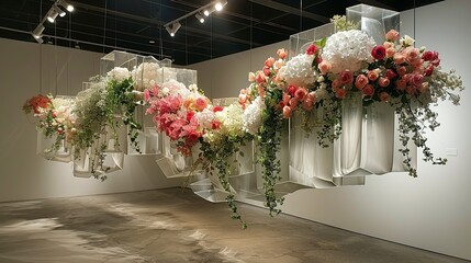A cascading floral installation of roses, hydrangeas, and trailing ivy, interwoven with transparent acrylic geometric shapes, creating a floating, dreamlike effect.
