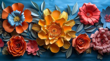 The backdrop features large, paper flowers in bright colors, combined with 3D geometric shapes in contrasting hues, adding a playful and artistic element to the scene.