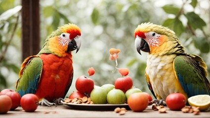 Vibrant Avian Delight: Beautiful Parrot Enjoying a Fresh Apple Treat. Beauty of Nature Earth Day 