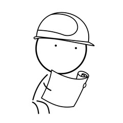 Builder at a construction site in a hard hat and with a plan in his hands