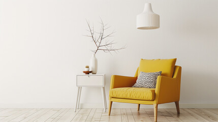 Stylish minimalist living room with yellow armchair and modern decor