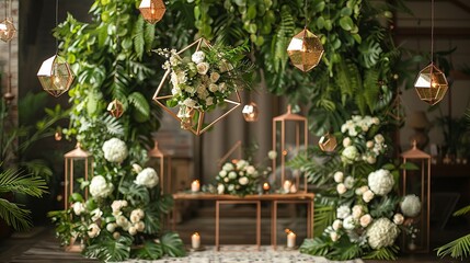 Obraz premium The wedding backdrop includes an arch of lush greenery and white blooms, with geometric shapes in rose gold adding a subtle, yet sophisticated accent.