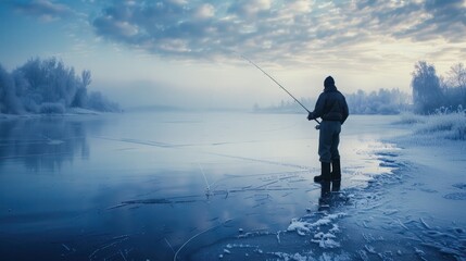 A man is consciously fishing on a frozen lake.