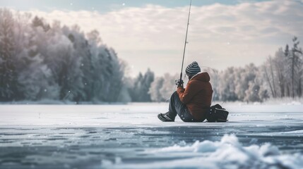 Naklejka premium A man is consciously fishing on a frozen lake.