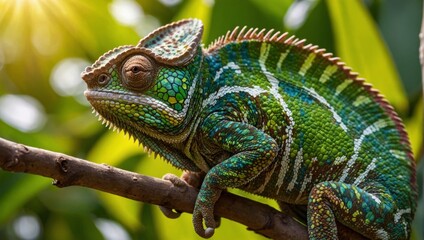 Colorful Chameleon Resting on a Sunlit Branch in Tropical Forest