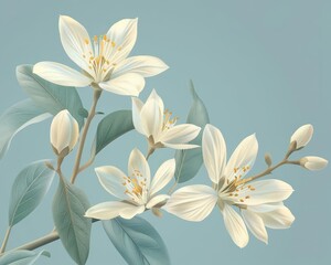 Fototapeta premium Elegant illustration of white flowers with soft green leaves on a light blue background, perfect for nature-themed designs.