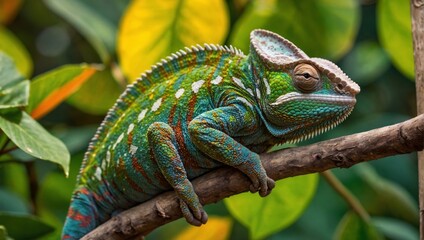 Colorful Chameleon Resting on a Sunlit Branch in Tropical Forest