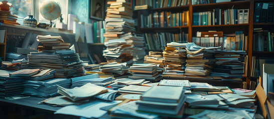 A messy desk with a pile of books and papers. The desk is cluttered and disorganized, with stacks of books and papers scattered all over it. The room appears to be a study or office space