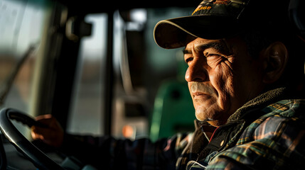 Portrait of a farmer driving a tractor, with light and shadow highlighting their focused expression and the machinery.