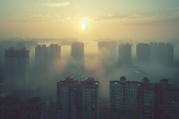 Fototapeta premium Foggy city skyline with a sun in the sky