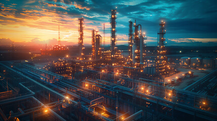 A city skyline with a large industrial area with many tall buildings. The sky is orange and the buildings are lit up at night