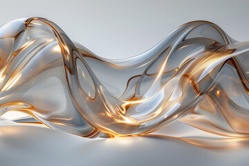A long, curvy, shiny, and reflective piece of glass art. The piece is curved and has a sense of movement, as if it is flowing or twisting