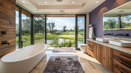 Minimalist contemporary bathroom of a villa hotel by grassland in purple theme