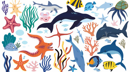 Set of Sea Animals on a White Canvas Sticker,vector image
