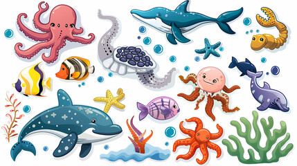 Fototapeta premium Set of Sea Animals on a White Canvas Sticker,vector image