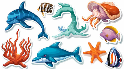 Set of Sea Animals on a White Canvas Sticker,vector image