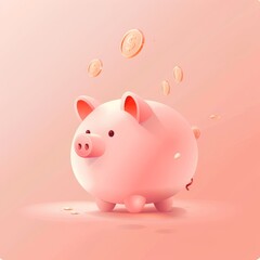 Minimalistic pink piggy bank with coins falling around it, representing savings and financial management on a soft pastel background.
