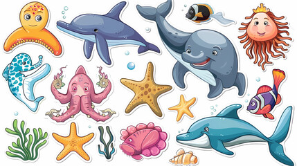 Fototapeta premium Set of Sea Animals on a White Canvas Sticker,vector image
