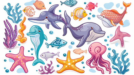 Fototapeta premium Set of Sea Animals on a White Canvas Sticker,vector image