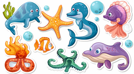 Naklejka premium Set of Sea Animals on a White Canvas Sticker,vector image