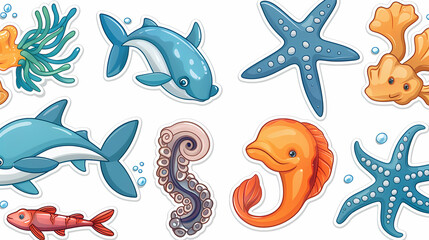 Set of Sea Animals on a White Canvas Sticker,vector image