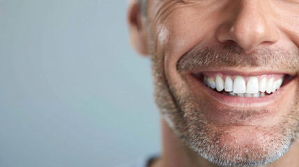 Naklejka premium happy smiling closeup face of middle-aged man male with Healthy white teeth and his mustache beard seen from the side