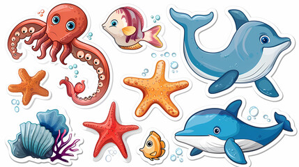 Fototapeta premium Set of Sea Animals on a White Canvas Sticker,vector image