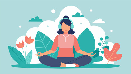A patient with anxiety engages in a guided meditation while listening to calming nature sounds and soft instrumental music. The music acts as a calming tool to help them explore. Vector illustration