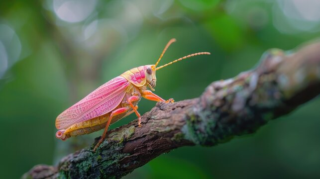 Pink planthopper resting on branches of a tree