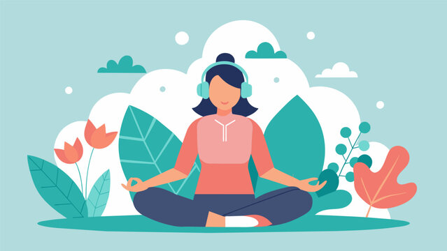 A patient with anxiety engages in a guided meditation while listening to calming nature sounds and soft instrumental music. The music acts as a calming tool to help them explore. Vector illustration