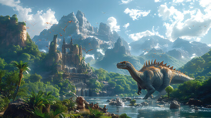 illustration of a prehistoric jungle teeming with dinosaurs ancient ruins and primal tribes where explorers uncover the secrets of a lost world frozen in time